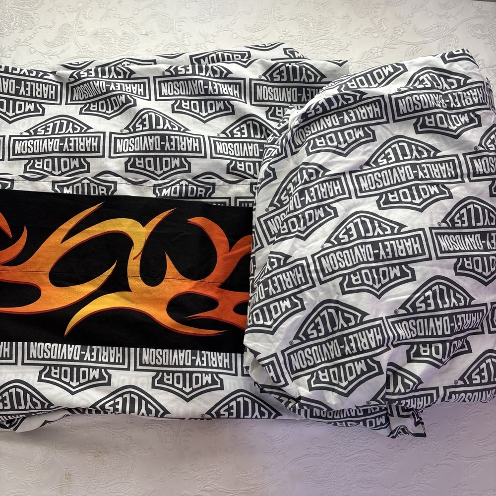Harley Davidson Flame Rider Fireball Full Sheet Set Orange Black Vintage 78x92 - Picture 2 of 5